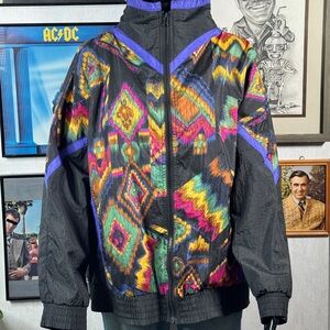 Vintage Razzle 90s Aztec Windbreaker Jacket | Colorful Nylon Zip Up | Size L